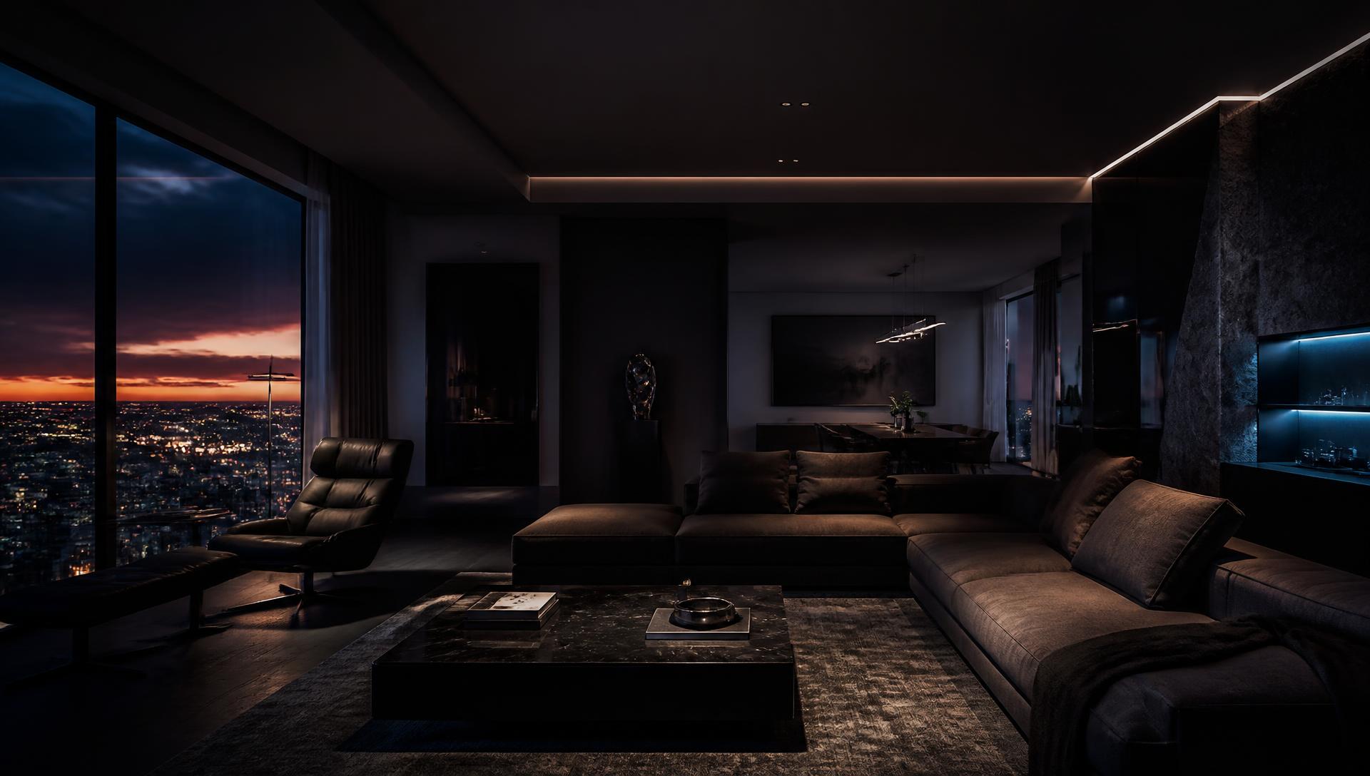 Render 3D de sala de estar de apartamento de alto padrão ao anoitecer
